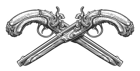 Crossed guns, sketch. Two flintlock pistols, firearms. Hand drawn vintage vector illustration