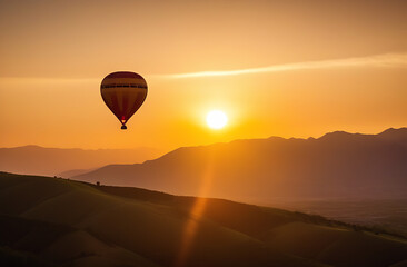 Obraz premium A balloon against the backdrop of mountains in the rays of the setting sun