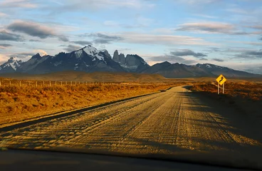 Crédence de cuisine en verre imprimé Fitz Roy Mountain landscape of a curvy road in Chilean Patagonia Torres del Paine natural Park