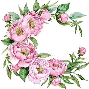Pink peony flower with soft green leaves. Watercolor wreath