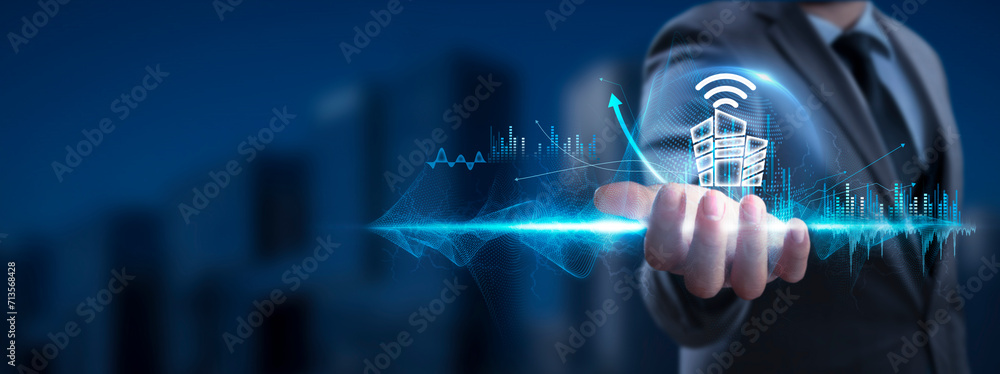 Poster smart home: businessman holding smart home icon and global network with analyzing technological data