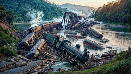 Train wreck, chaotic embrace of human machinery and untamed nature, where once mighty locomotives lie defeated by their own ambition, tangled in embrace of tranquil river and silent watch of forest - obrazy, fototapety, plakaty