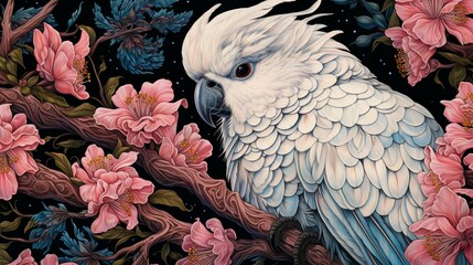 Vibrant Cockatoo Resting Majestically on a Lush Tropical Tree Branch - AI-Generative