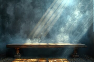 empty wooden table with smoke float up on bright background