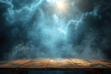 empty wooden table with smoke float up on bright background - obrazy, fototapety, plakaty