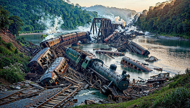 Train wreck, chaotic embrace of human machinery and untamed nature, where once mighty locomotives lie defeated by their own ambition, tangled in embrace of tranquil river and silent watch of forest