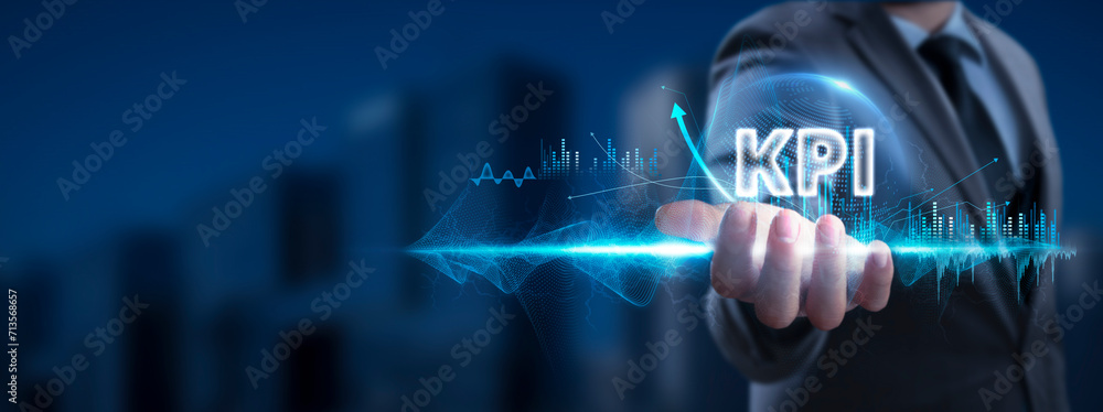 Poster kpi. businessman holding key performance indicator icon and global network with analyzing technologi