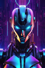 hyper realistic robot, ultra detailed robotic face, neon colors