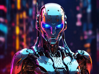 hyper realistic robot, ultra detailed robotic face, neon colors