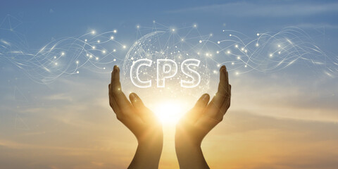 CPS: Man Holding Global Network and Connecting Data of Cyber-Physical Systems with Business on the Internet, Smart Automation, Seamless Integration.