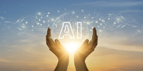 AI. Man Holding Global Network and Connecting Data of Artificial Intelligence with Business on the Internet, Smart Automation, Innovative Solutions.