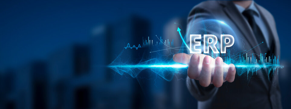 ERP: Businessman Holding ERP Icon and Global Network with Analyzing Technological Data, Enterprise Resource Planning, Network Connection on Interface Background. Data Integration, Efficient Workflow.