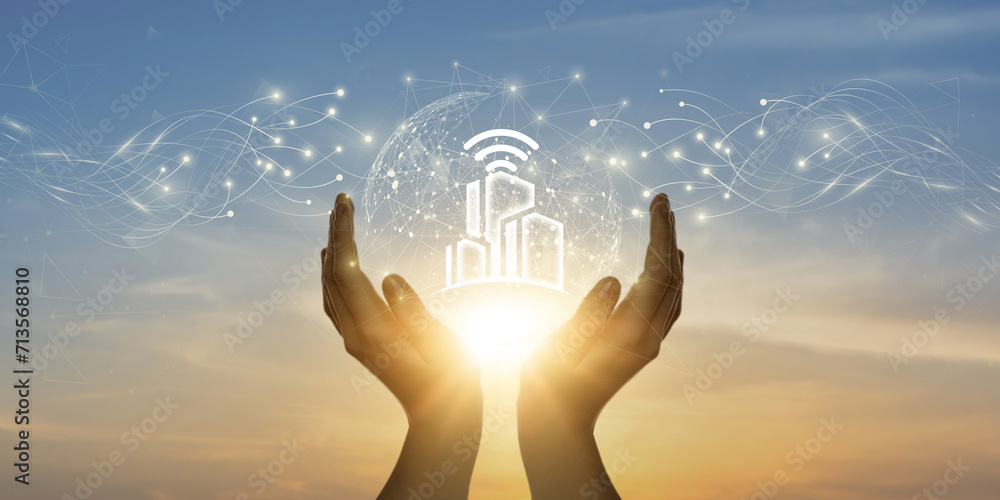 Poster smart home. man holding global network and connecting data of smart home devices with business on th