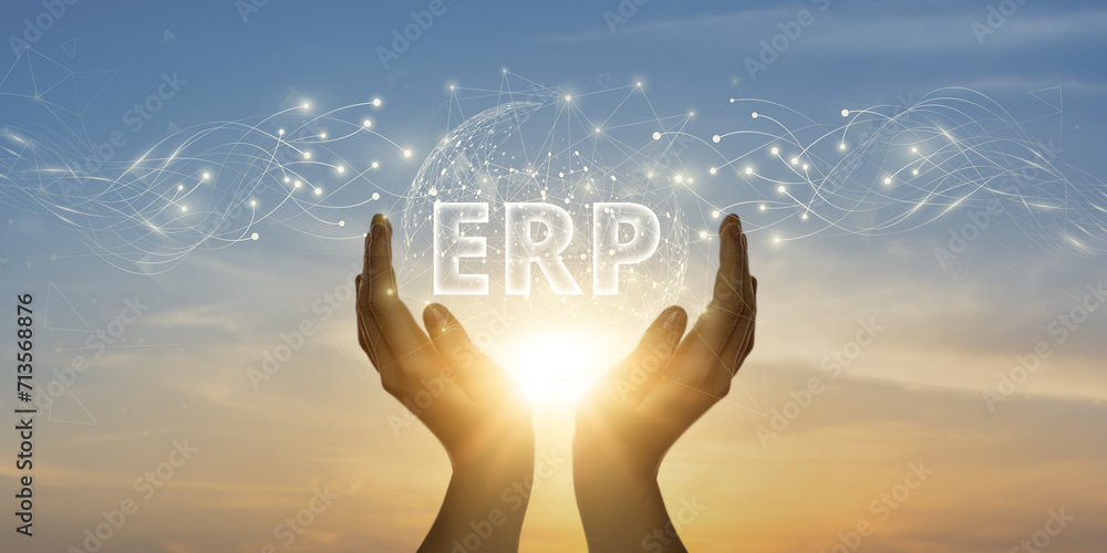 Poster erp: man holding global network and connecting data of enterprise resource planning with business on