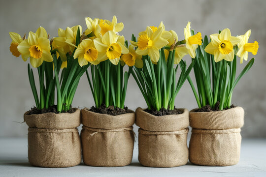 Pots de jonquilles jaunes c&ocirc;te &agrave; c&ocirc;te
