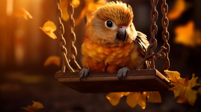 Colorful Conure Perched on a Sunlit Wooden Swing in a Tranquil Setting - AI-Generative