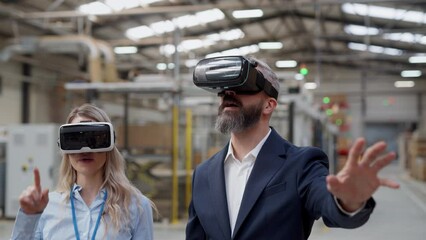 Warehouse managers talking logistics using VR, controlling stock levels. Virtual reality in inventory management. Smart glasses guiding managers through warehouse, recording tracking data and quicken