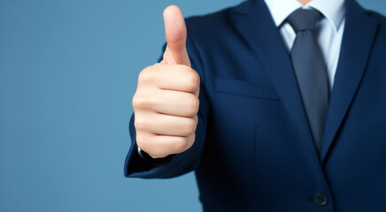 Businessman hand thumb up on blue punched paper