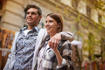 Fototapeta premium Smile, hug and couple walking on city date, morning trip and vacation tour to explore urban Argentina on outdoor adventure. Love, travel and happy people bond together, relax and connect on journey
