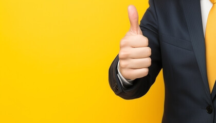 Businessman hand thumb up on yellow punched paper
