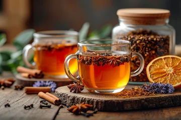 Foto op Plexiglas Hot tea in a glass cup and a jar with dried tea grass on an old wooden table. Spices and cinnamon. Flower tea © Dipankar