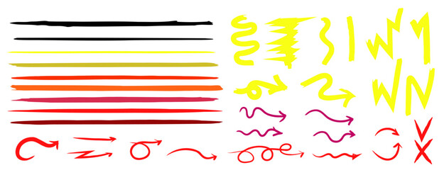 Set of multi-colored bright brushes and elements for notes, highlighting and underlining in text