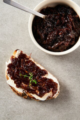 Delicious French Appetizer Freshly Cooked Onion Confit on toast with cream cheese and thyme. Concrete loft background. Breakfast or lunch composition. 
