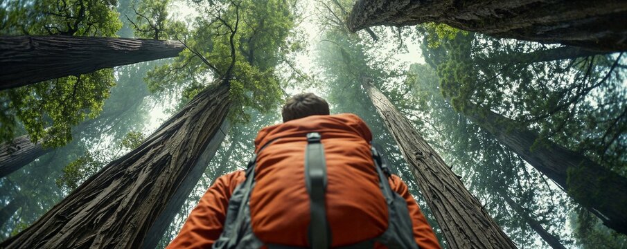  Hiker in Redwoods forest orange backpack mist fog looking up