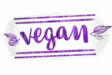 vegan. a paper label with an inscription on a white background. an impression of a lilac stamp. the tag. concept: vegetarianism, veganism.