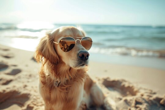 Dog wearing Sunglasses sitting on the Beach, Image Ai Generated