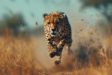 Swift cheetah sprinting across African grasslands, showcasing speed and untamed prowess.