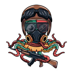 Octopus cartoon cyborg comic aircraft pilot with gas mask and a shotgun in his robotic tentacle. Illustration for fantasy, science fiction and adventure comics