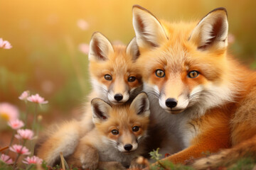 adorable red mother fox with her young ones, cozy cuddles together on a soft flower background. animal family, motherhood in animals.