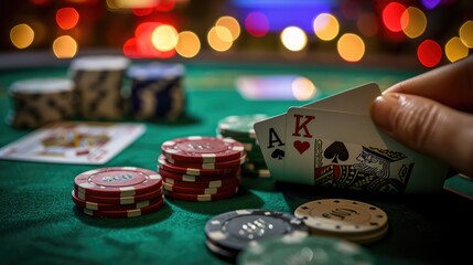 A pair of aces, a king and a stack of chips on a green casino table. Luck and risk.  AI generated.