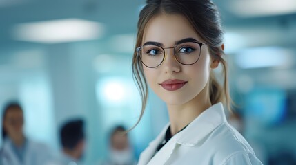 Young woman doctor in the hospital. Close-up photo.  AI generated.