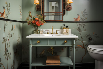Interior of a vintage bathroom with a bathtub and a mirror