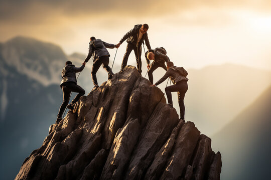 Group of climbers climbing a mountain peak. Teamwork concept. 3D Rendering