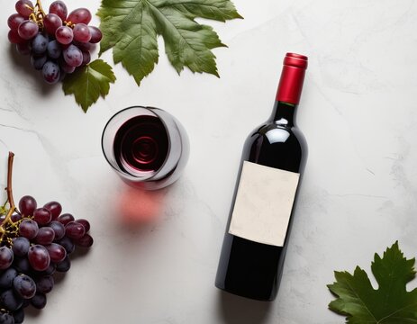 Delicious wine on a white background, Grapes and grape leaf.  AI generated.