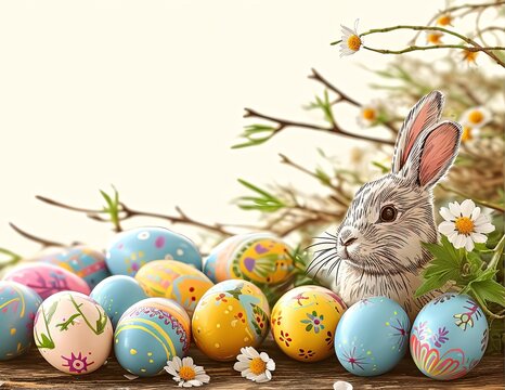 Banner. Easter frame with eggs and bunnies on a white background. Places for text.  AI generated.