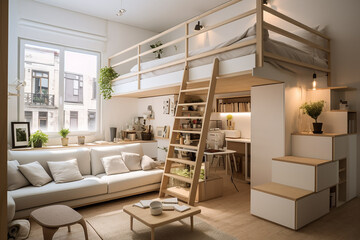 Interior of modern living room with wooden bunk bed and wooden wardrobe