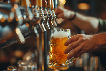 Oktoberfest. Hand of bartender pouring a large lager beer in tap. Pouring beer for client. - obrazy, fototapety, plakaty