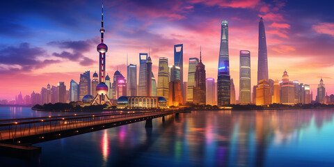the shanghai skyline at dusk stockphoto, in the style of mountainous vistas, light teal and magenta, urban signage, kintsugi, sunrays shine upon it, terraced cityscapes, light yellow and green
