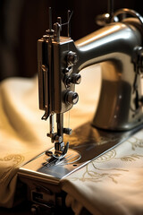 Sewing machine and fabric close-up on a dark background