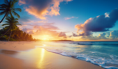 Tropical beach panorama view with foam waves before storm, seascape with Palm trees, sea or ocean water under sunset sky with dark blue clouds