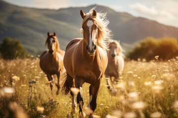 Obraz premium horses graze in the field in summer. livestock, agriculture. beautiful well-groomed animals on a walk.