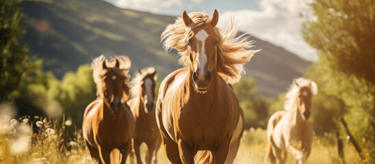 Obraz premium horses graze in the field in summer. livestock, agriculture. beautiful well-groomed animals on a walk.