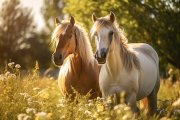 horses graze in the field in summer. livestock, agriculture. beautiful well-groomed animals on a walk.