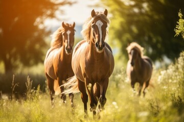Obraz premium horses graze in the field in summer. livestock, agriculture. beautiful well-groomed animals on a walk.