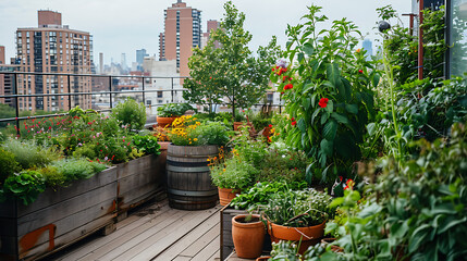 Um jardim exuberante no telhado transborda com vegetação verde vibrante e flores coloridas criando um contraste impressionante contra o cenário urbano