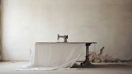 Old sewing machine and white fabric on table in old room, vintage style